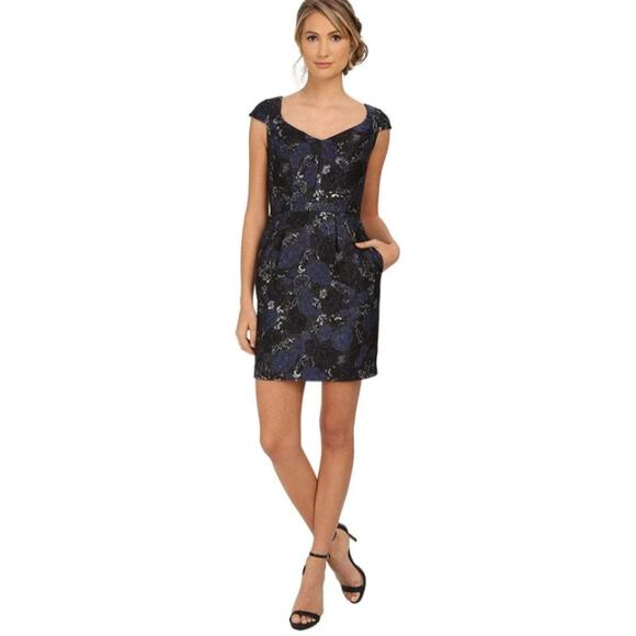 Aidan Mattox Navy Dress Floral Brocade V-Neck Column Dress Size 8 - Picture 2 of 9